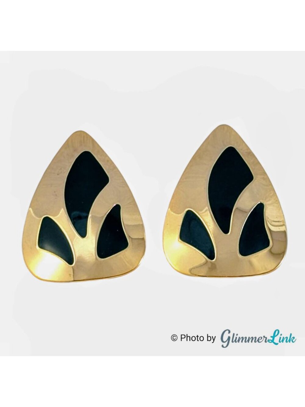 Vintage Modernist Earrings - Gold Tone Dark Green Enamel, 80s Geometric Post Sty